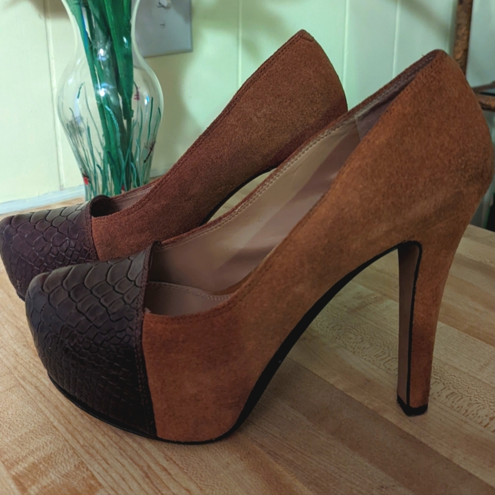 Jessica Simpson Brown Faux Suede Faux Leather Snake Skin Heels